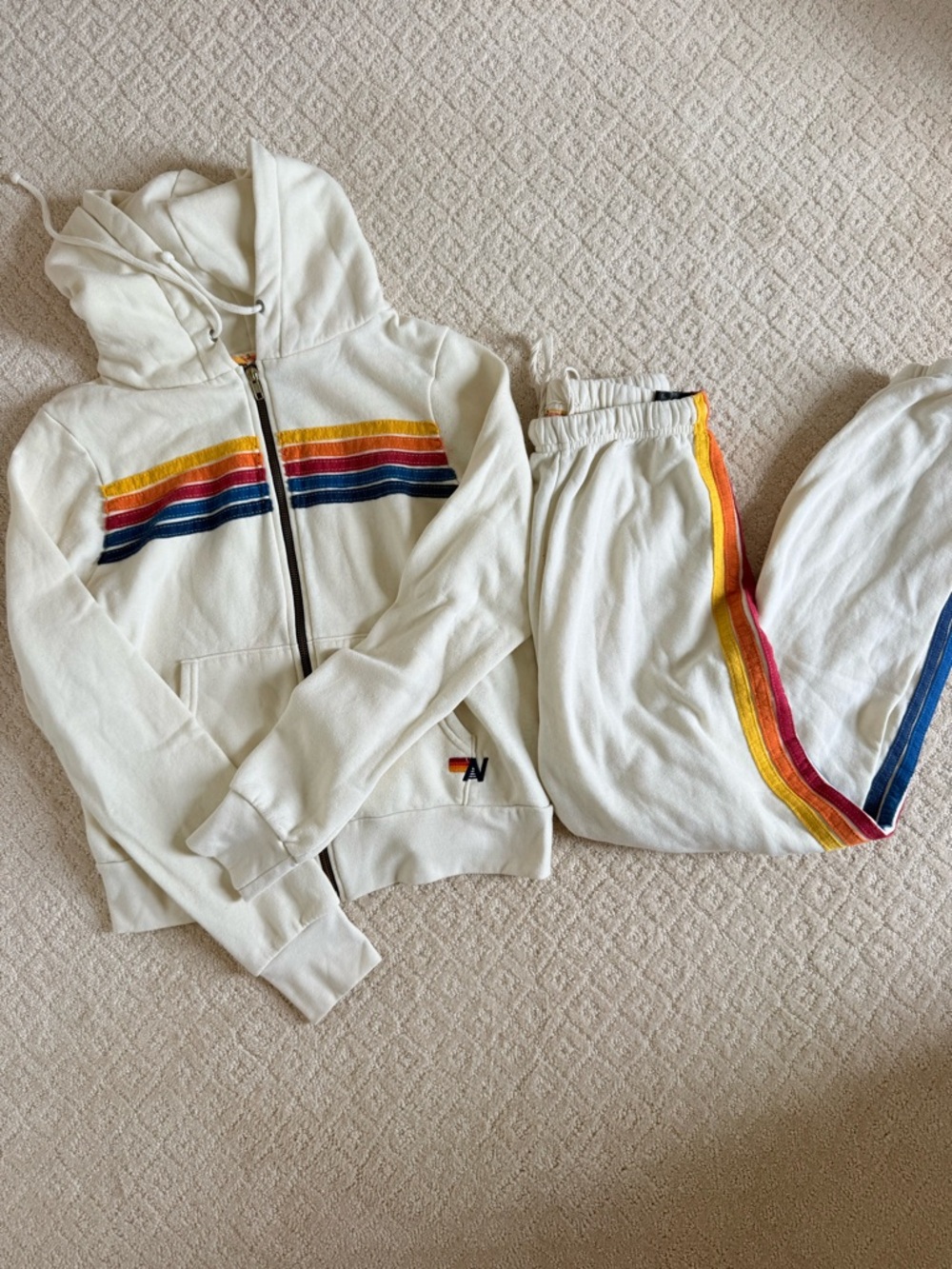 Aviator Nation Cream Hoodie & Sweatpants Set with Rainbow Stripes